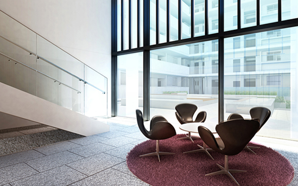 Features of the building.  [Entrance hall] Entrance Hall "Suwanchua (Arne ・ Perched on Jacobsen operation). ", While admiring the "patio (courtyard)", Spend moments of socializing. (Entrance Hall Rendering)