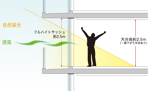Building structure.  [Open-minded full-height sash] For "Sakura Place" is not even a beam also pillars, Higher opening, It can be provided to a wide. Balcony side sash, Employs a full-height sash a height of about 2.5m of floor-to-ceiling, Achieve a bright and spacious opening. Furthermore housed in all the walls of the outer frame of the upper and lower left and right of the sash, By the ingenuity and hid stile so as not to be visible from the room, It produces a more open feeling. (Housing conceptual cross-sectional view)
