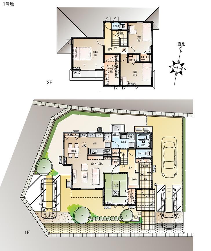Floor plan.  [No. 1 destination] So we have drawn on the basis of the Plan view] drawings, Plan and the outer structure ・ Planting, such as might actually differ slightly from.  Also, furniture ・ Car, etc. are not included in the price. 