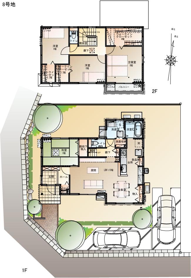 Floor plan.  [No. 8 locations] So we have drawn on the basis of the Plan view] drawings, Plan and the outer structure ・ Planting, such as might actually differ slightly from.  Also, furniture ・ Car, etc. are not included in the price. 